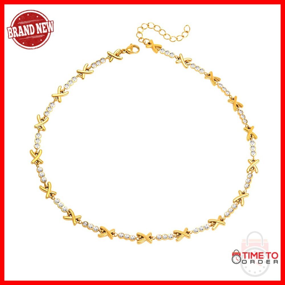 Gold Plated XO Choker Necklace with Cubic Zirconia, Adjustable Length